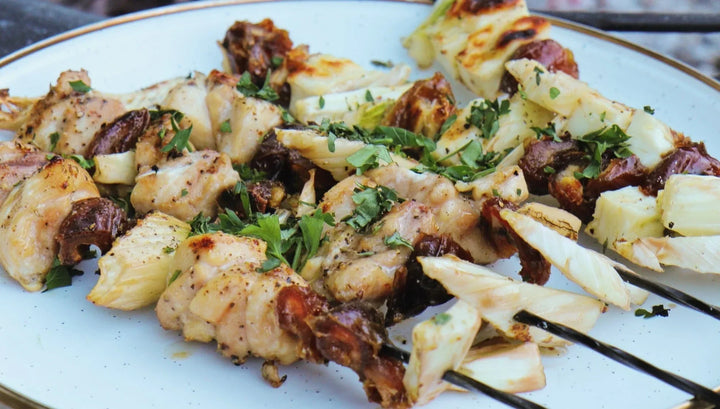 Maple Chicken & Halloumi Skewers with Dates and Fennel