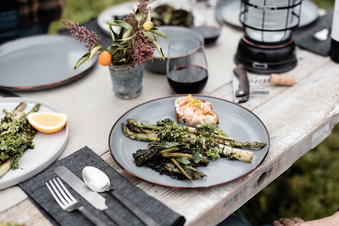 outdoor dining plates, pots, cutlery, equipment